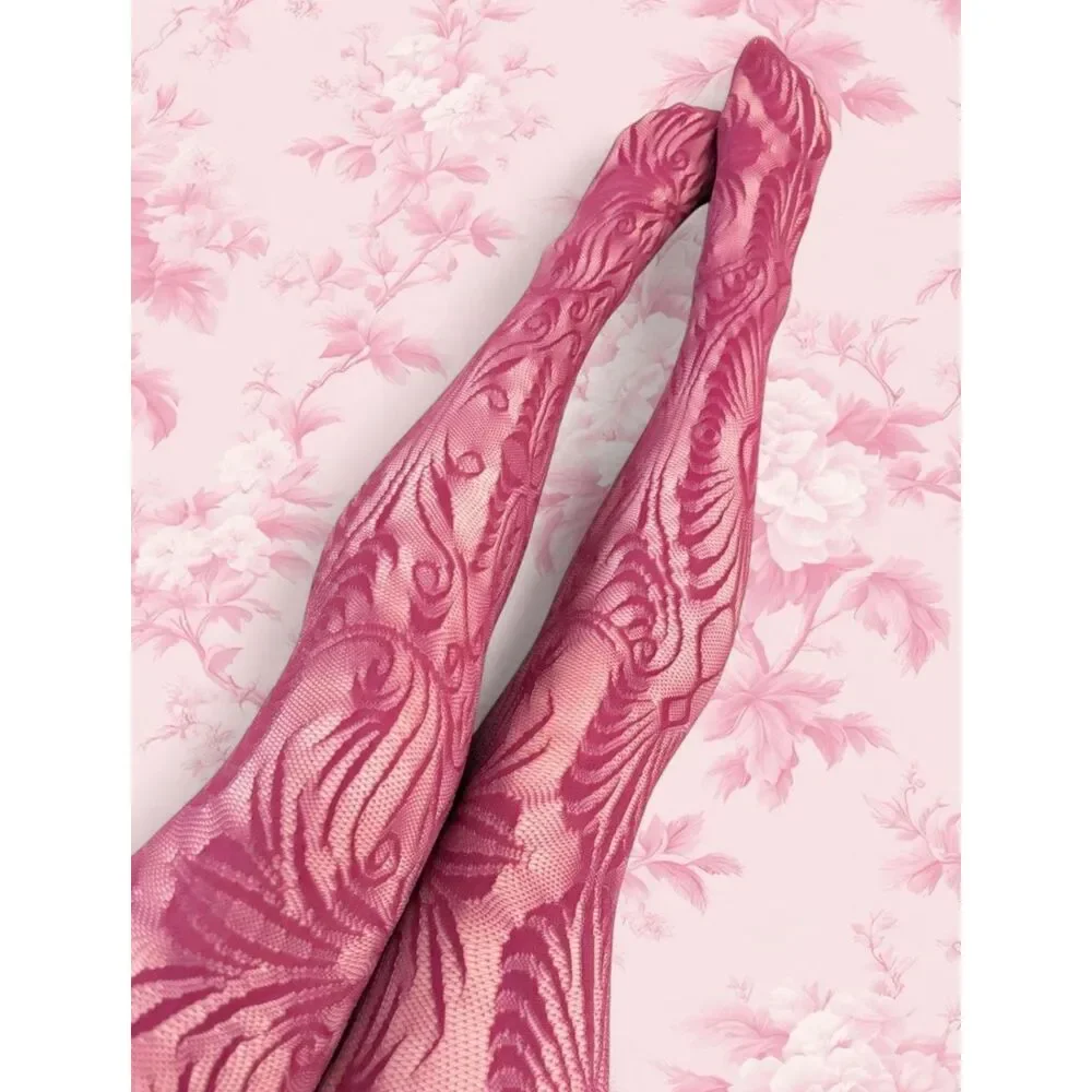 Pink & Lilac reversible lace over the waist legging stocking art nouveau accents